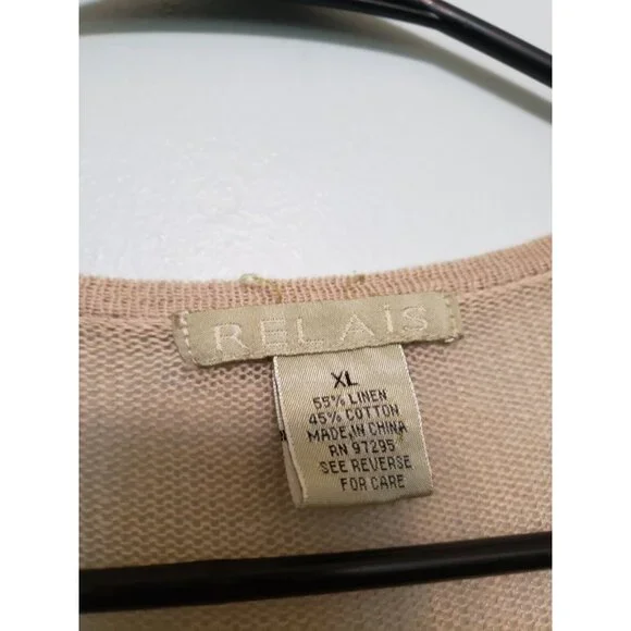 Relais Women XL Sweater Tan Linen Cotton Lightweight Long Button Neck Semi Sheer - Picture 6 of 6
